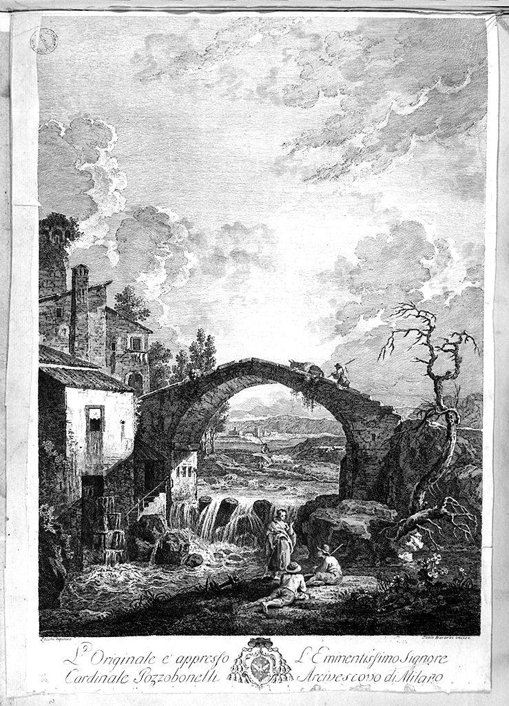 paesaggio fluviale con ponte (stampa smarginata) di Berardi Fabio, Zocchi Giuseppe (sec. XVIII)