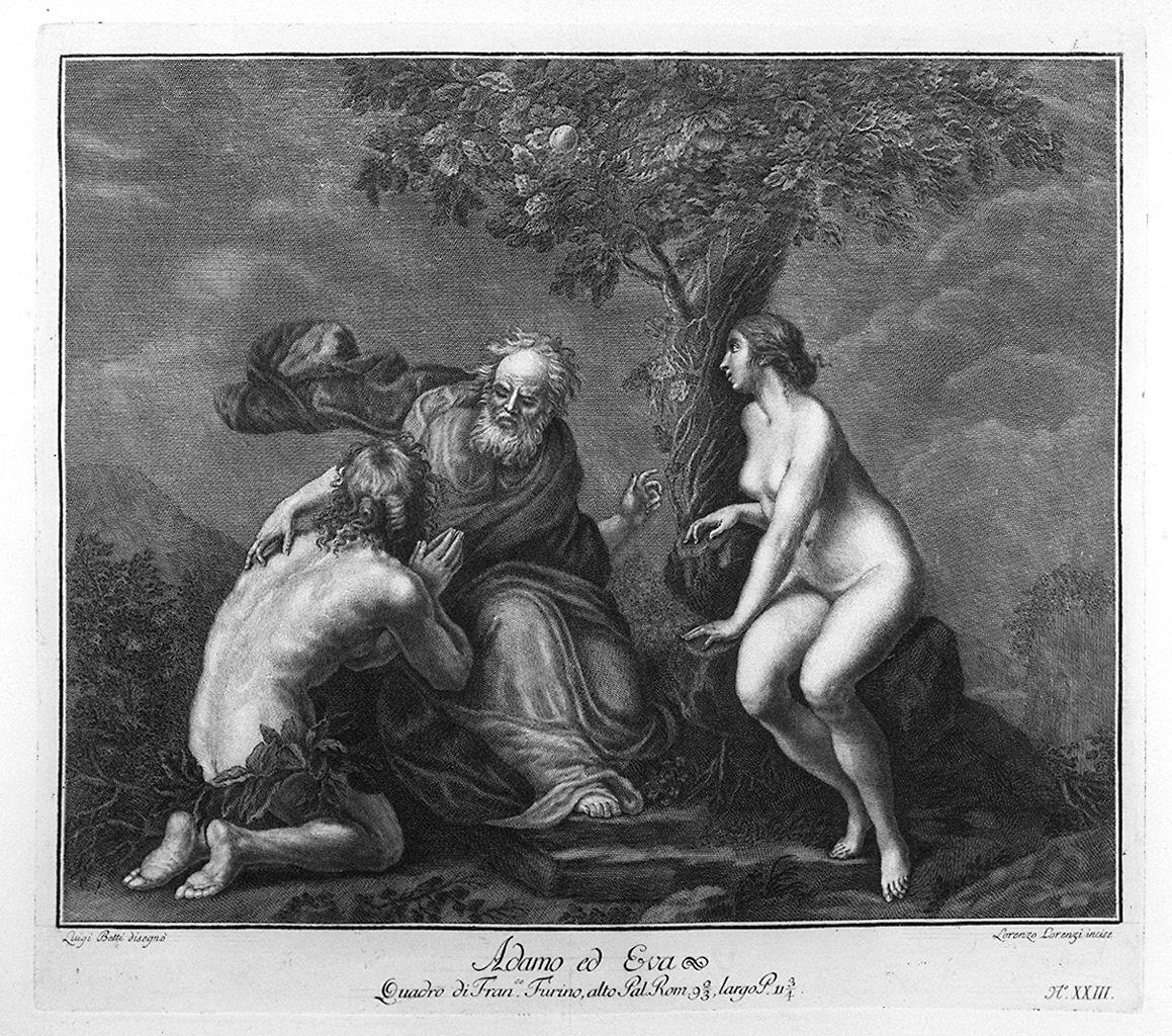 Adamo ed Eva nel paradiso terrestre (stampa) di Lorenzi Lorenzo, Betti Luigi, Furini Francesco (sec. XVIII)