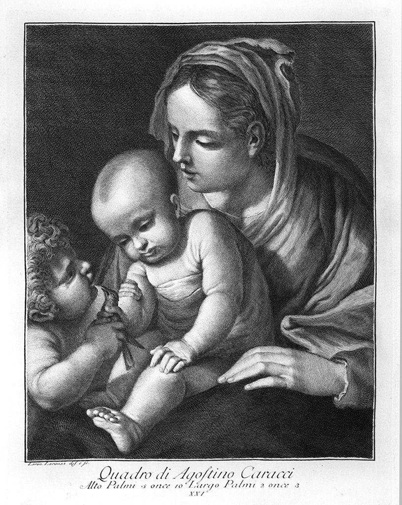 Madonna con Bambino e San Giovannino (stampa) di Lorenzi Lorenzo, Carracci Agostino (sec. XVIII)