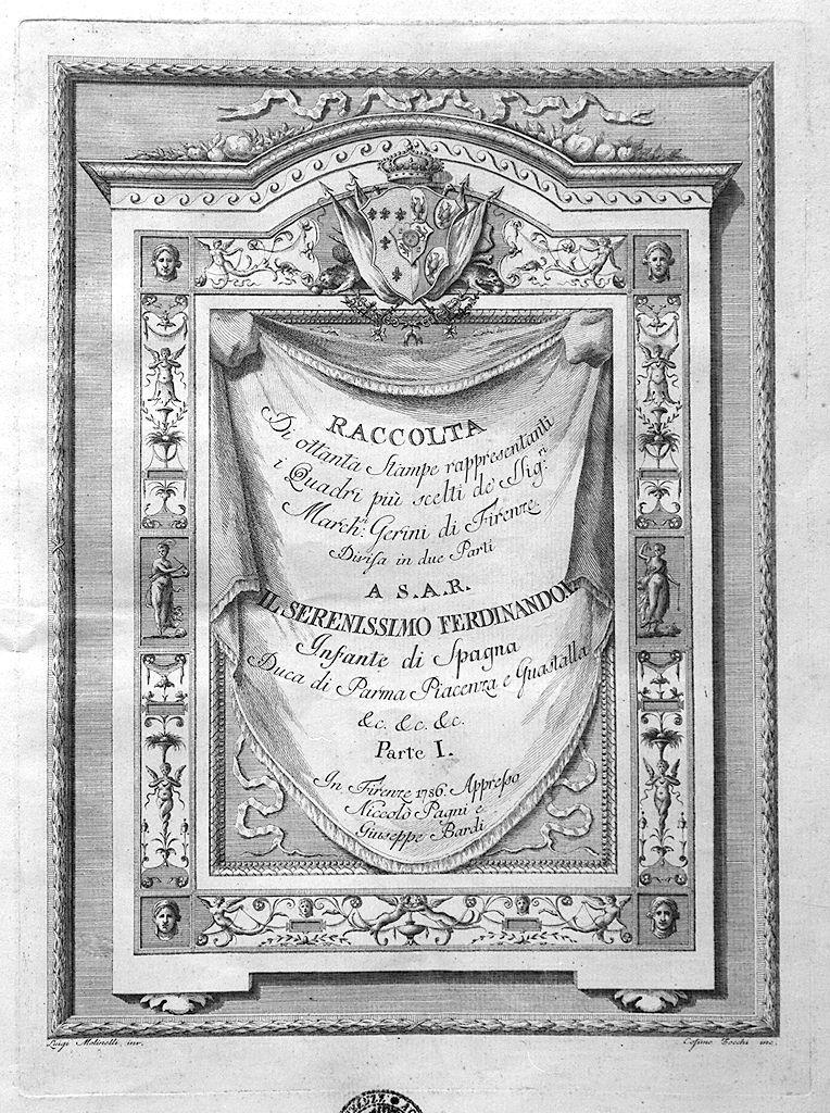 dipinti della collezione Gerini di Firenze, cartiglio con iscrizione (stampa, serie) di Vanni Violante, Lorenzi Lorenzo (sec. XVIII)