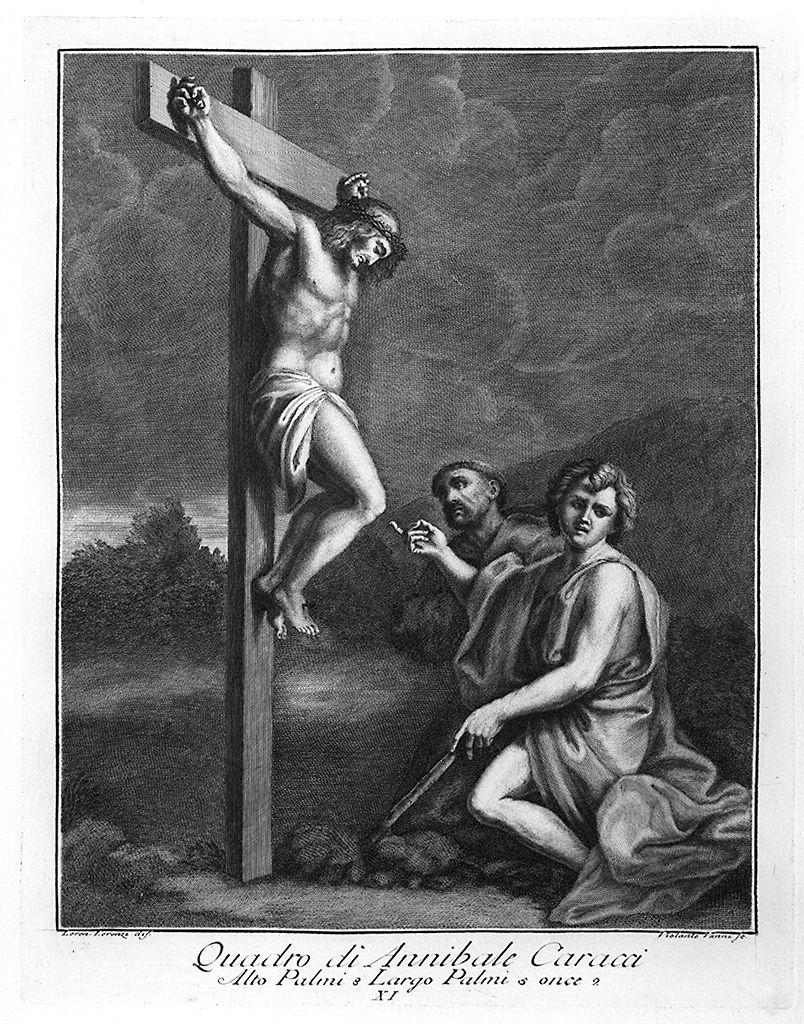 Cristo crocifisso con San Giovanni Battista e San Francesco d'Assisi (stampa) di Vanni Violante, Lorenzi Lorenzo, Carracci Annibale (sec. XVIII)