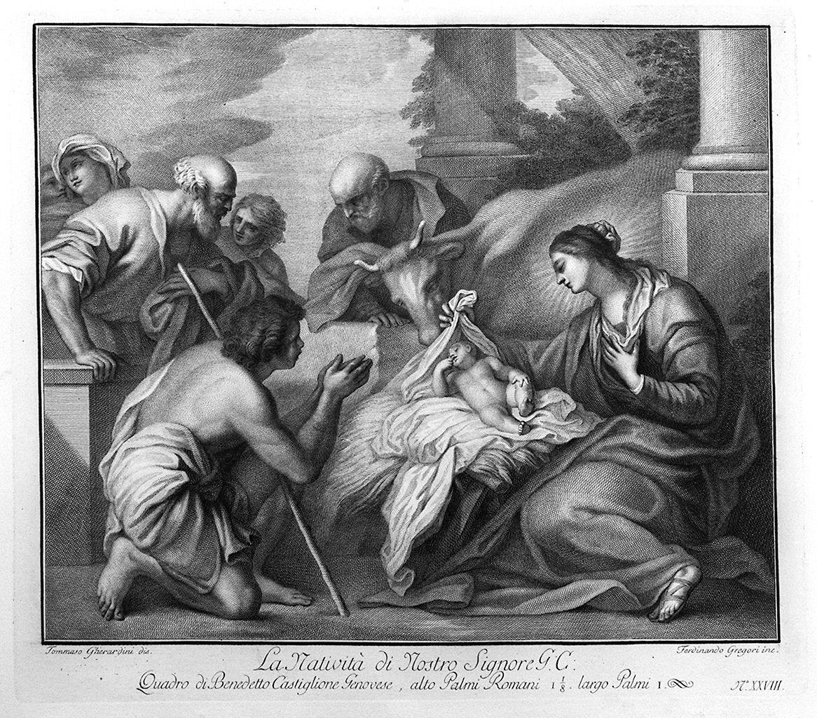 natività di Gesù (stampa) di Gregori Ferdinando, Gherardini Tommaso, Castiglione Giovanni Benedetto detto Grechetto (sec. XVIII)