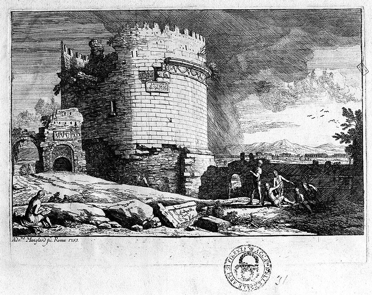 paesaggio con rovine (stampa) di Manglard Adrien (sec. XVIII)