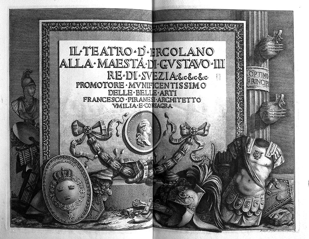 ritratto di profilo di Gustavo III re di Svezia, armi e trofei (stampa) di Piranesi Francesco (sec. XVIII)