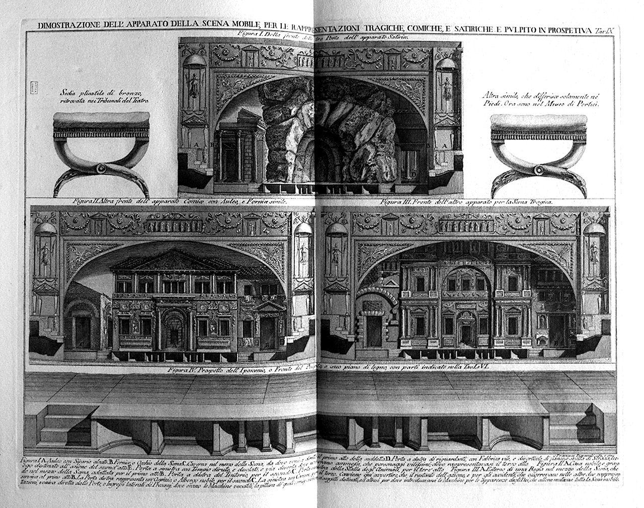 vedute della scena del teatro d'Ercolano e due sedie (stampa) di Piranesi Francesco (sec. XVIII)