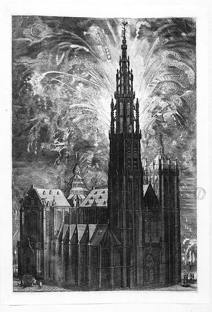 fuochi d'artificio dalla torre della cattedrale di Anversa (stampa) di Van Thulden Theodor (sec. XVII)