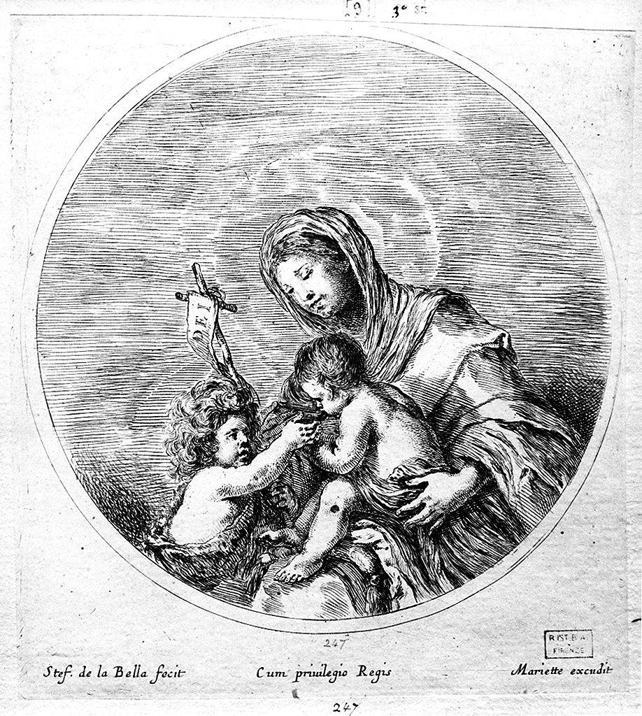 Madonna con Bambino e San Giovannino (stampa smarginata) di Della Bella Stefano (sec. XVII)