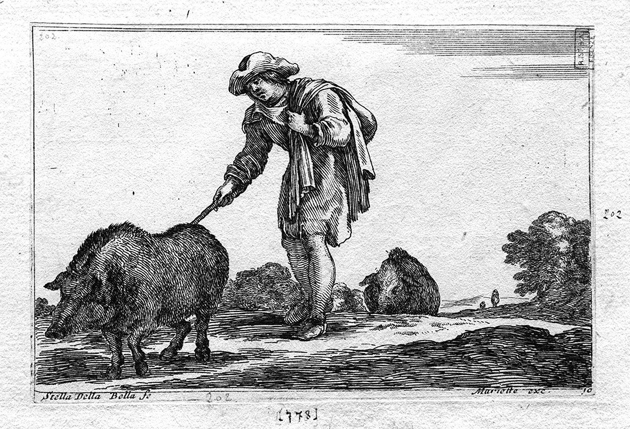 contadino con maiale (stampa smarginata, serie) di Della Bella Stefano (sec. XVII)