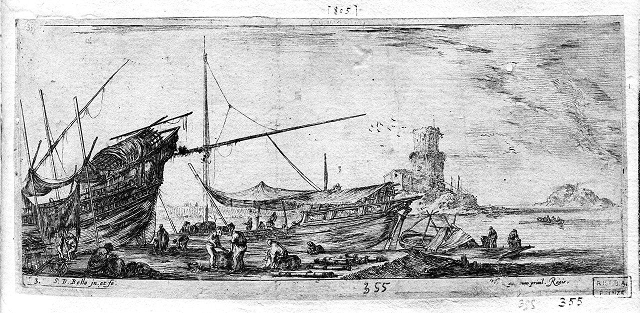 marina con una nave allo scalo (stampa smarginata, serie) di Della Bella Stefano (sec. XVII)