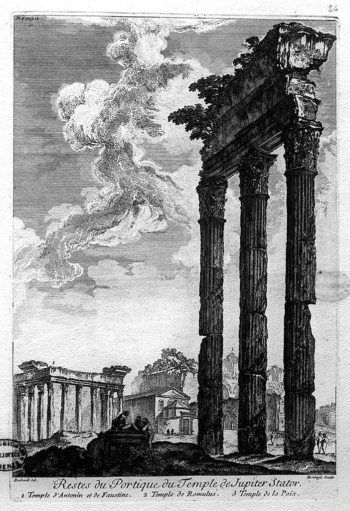 resti del portico del tempio di Giove Statore (stampa) di Barbault Jean, Montagu Domenico (sec. XVIII)