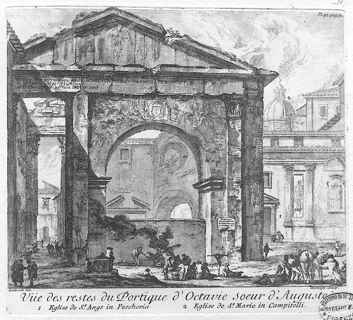 veduta dei resti del portico d'Ottavia a Roma (stampa) di Montagu Domenico, Barbault Jean (sec. XVIII)