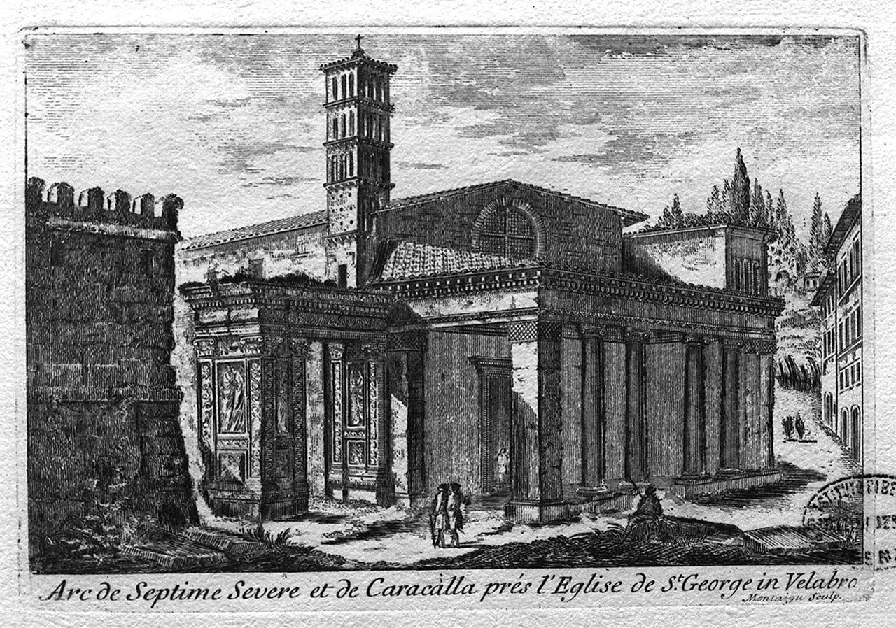veduta dell'arco di Settimio Severo e di Caracalla a Roma (stampa) di Montagu Domenico (prima metà sec. XVIII)