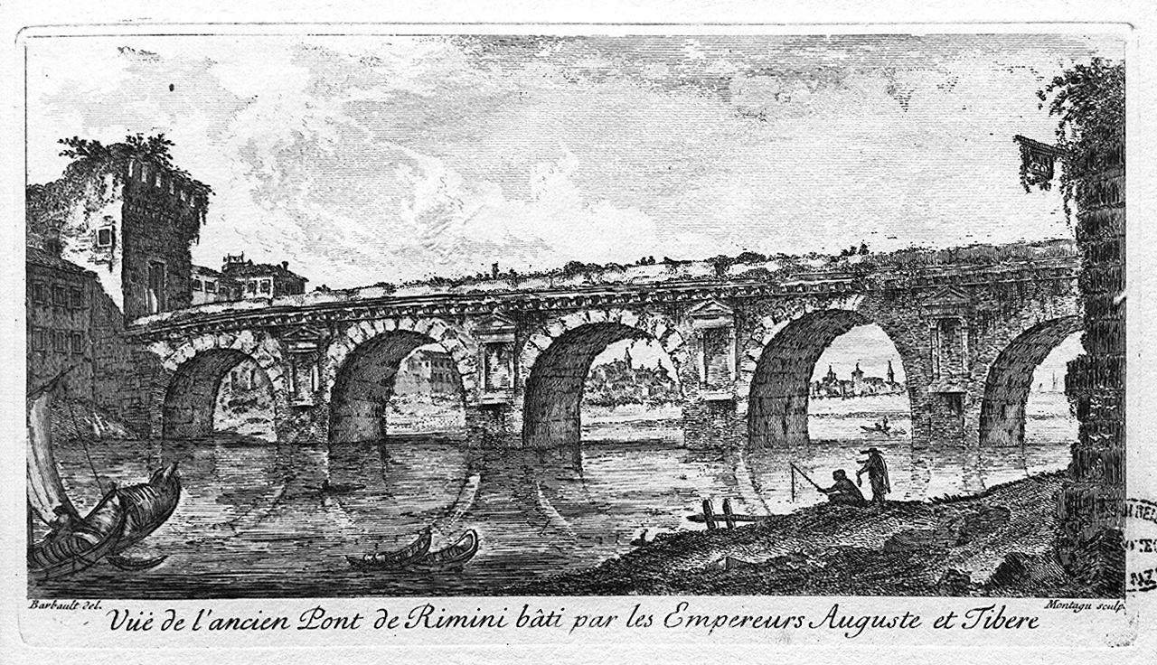 veduta dell'antico ponte di Rimini (stampa) di Barbault Jean, Montagu Domenico (metà sec. XVIII)