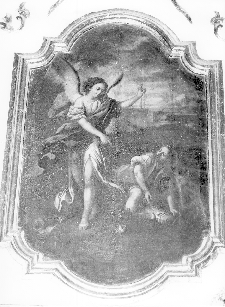 Tobia che porta il pesce e l'angelo (dipinto, opera isolata) di Bruni F (sec. XVIII)