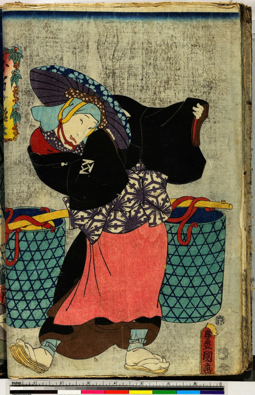 figura in piedi con cesti (stampa) di Utagawa Toyokuni III - ambito giapponese (metà sec. XIX)