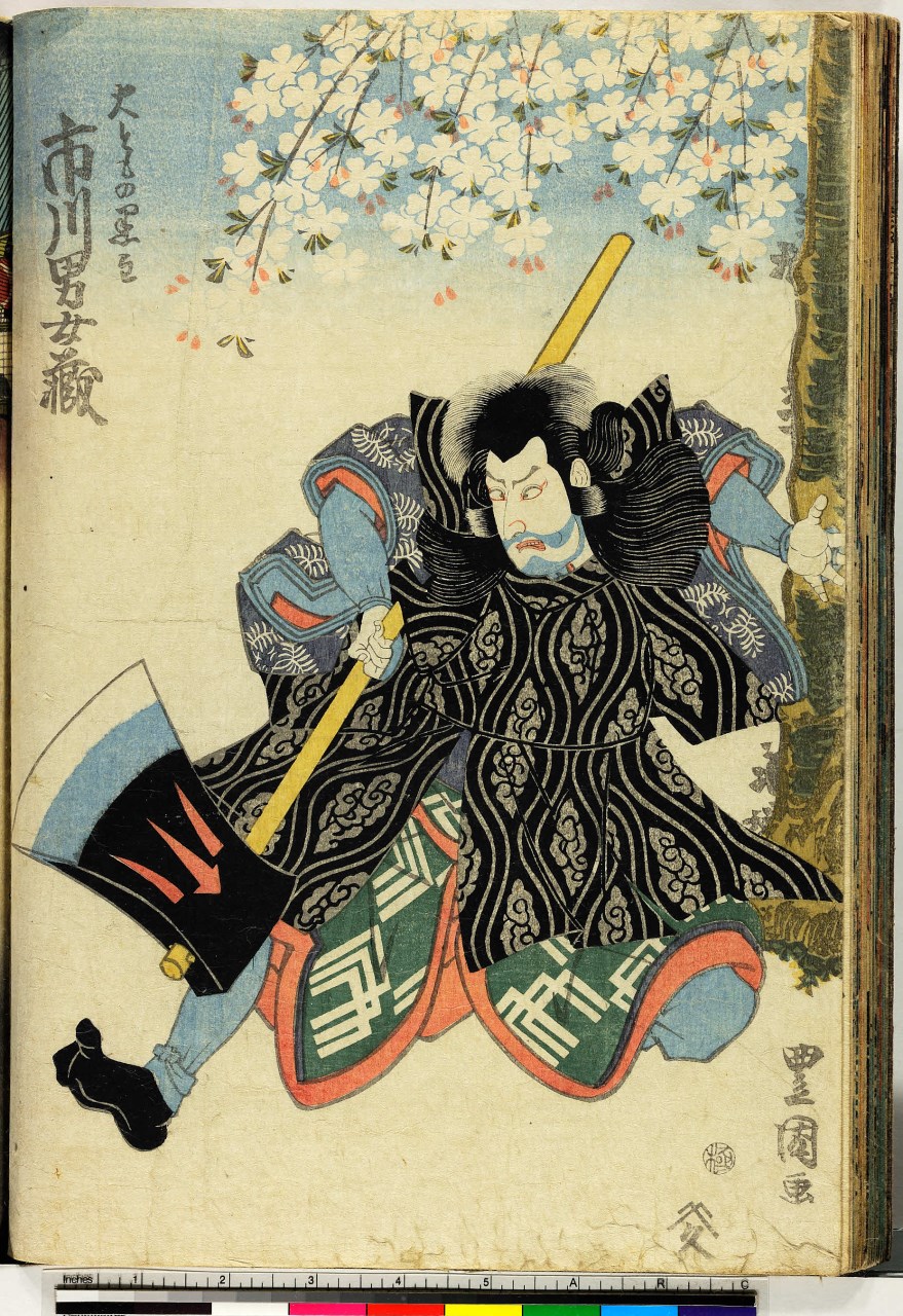 attore con ascia da battaglia in posa sotto un albero in fiore (stampa, stampa composita) di Utagawa Toyokuni - ambito giapponese (fine/ inizio secc. XVIII/ XIX)
