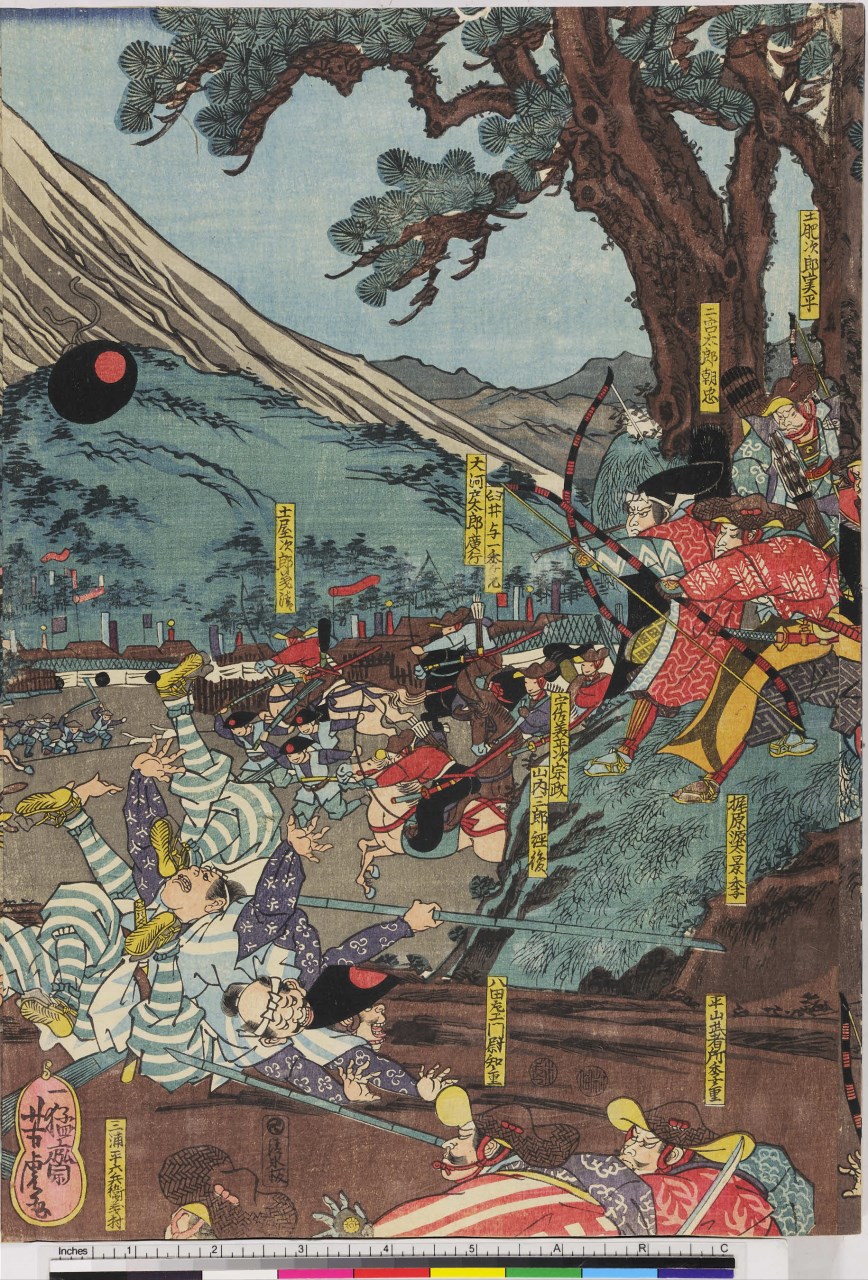 scena di battaglia (stampa, stampa composita) di Utagawa Yoshitora - ambito giapponese (seconda metà sec. XIX)