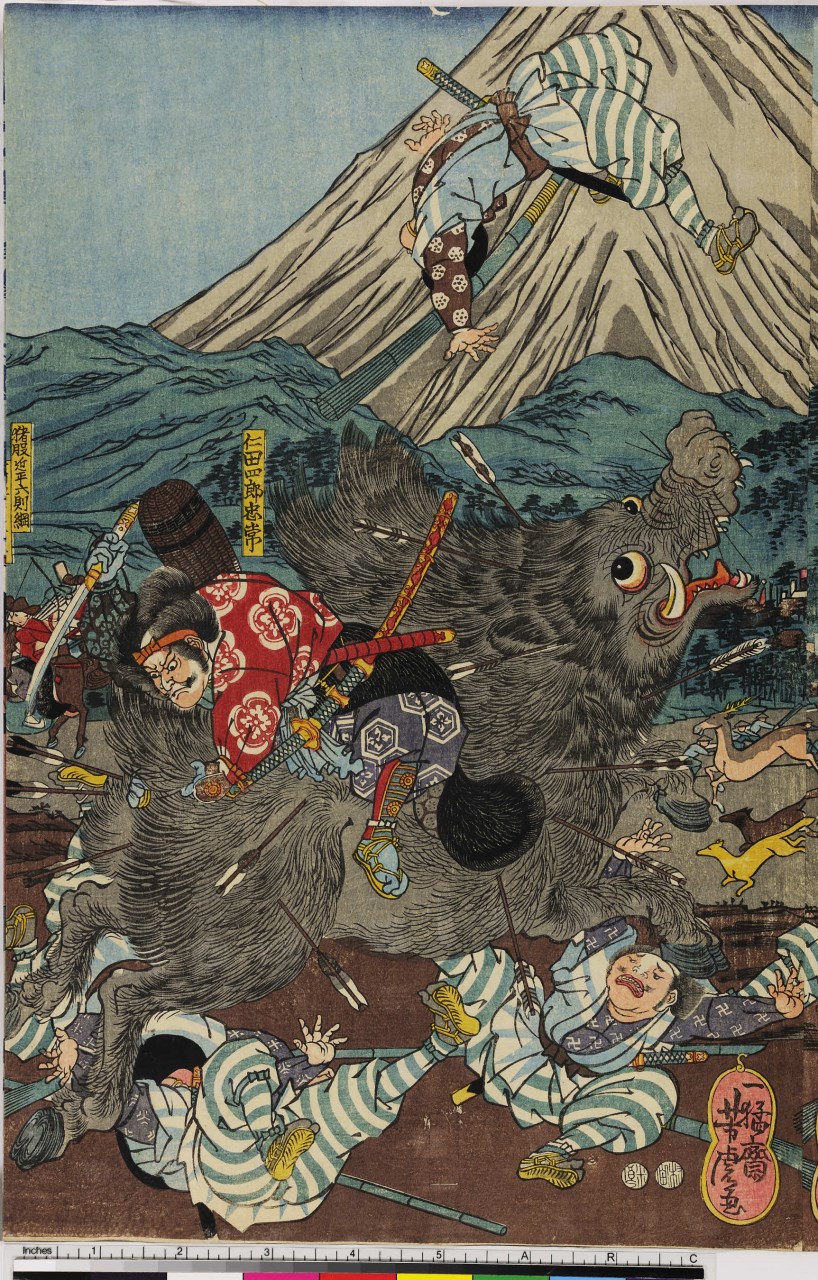scena di caccia con cinghiale (stampa, stampa composita) di Utagawa Yoshitora - ambito giapponese (seconda metà sec. XIX)