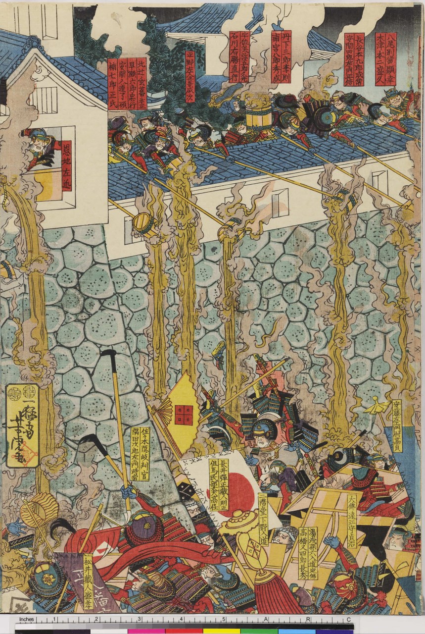 assediati rovesciano acqua bollente sugli assedianti (stampa, stampa composita) di Utagawa Yoshitora - ambito giapponese (sec. XIX)