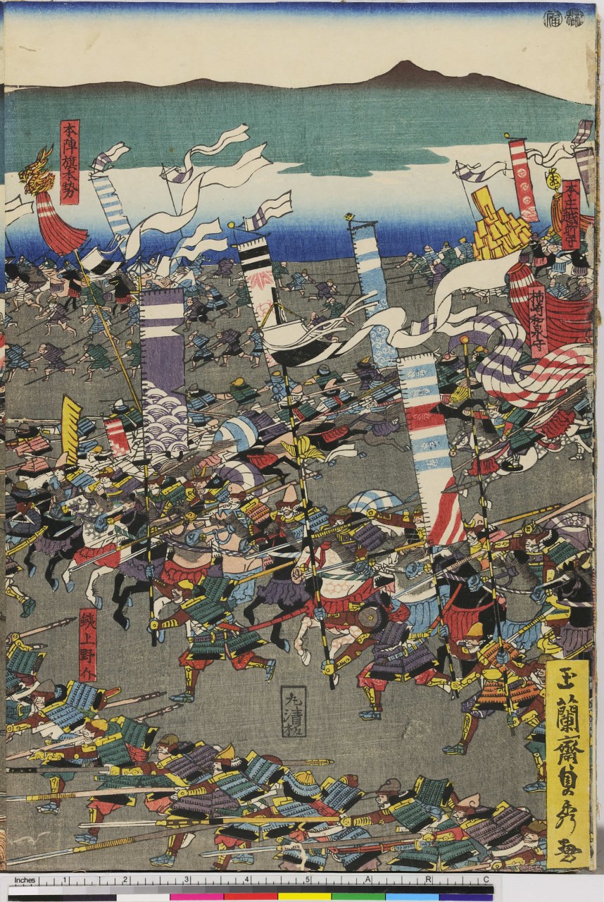 esercito schierato (stampa, stampa composita) di Utagawa Sadahide - ambito giapponese (sec. XIX)