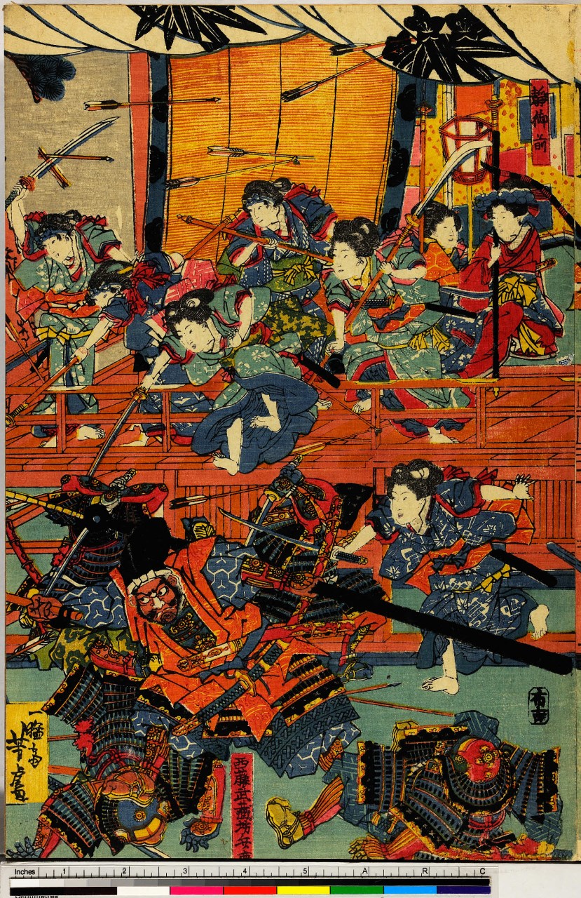 scena di combattimento tra donne e uomini (stampa, stampa composita) di Utagawa Yoshitora - ambito giapponese (sec. XIX)