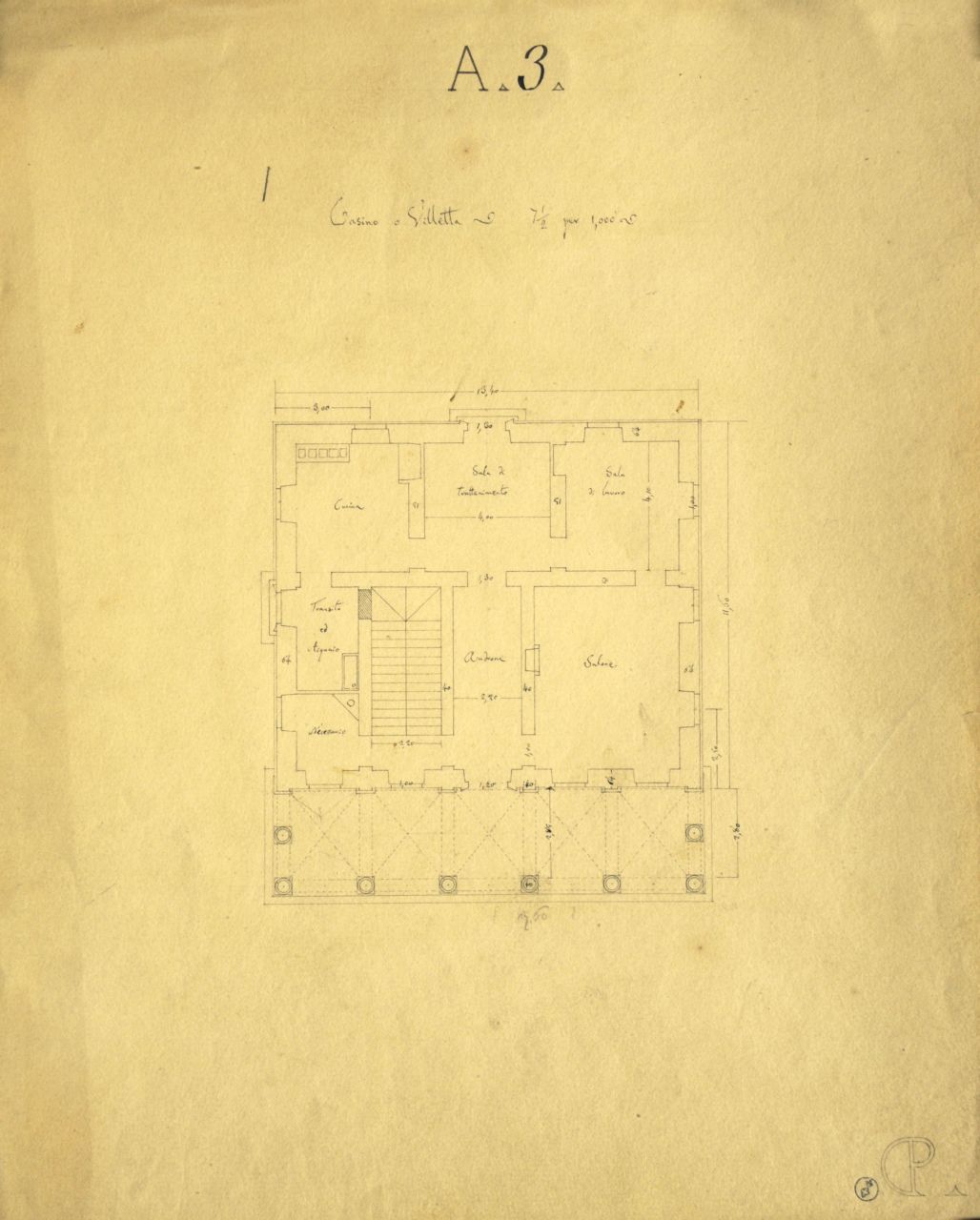 Casino o Villetta, Pianta quotata di piano terreno di "casino o villetta" (disegno architettonico) di Promis Carlo (secondo quarto sec. XIX)