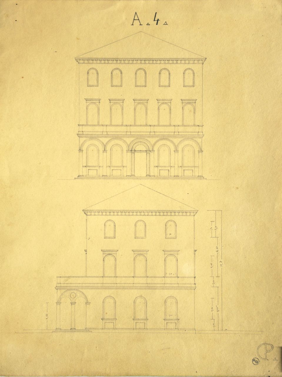 Prospetto principale e laterale parzialmente quotato di "casino o villetta" (disegno architettonico) di Promis Carlo (secondo quarto sec. XIX)