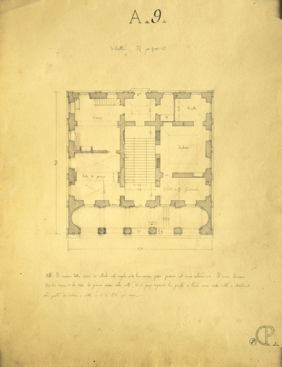 Villetta, Pianta quotata del piano terreno di "villetta" (disegno architettonico) di Promis Carlo (secondo quarto sec. XIX)