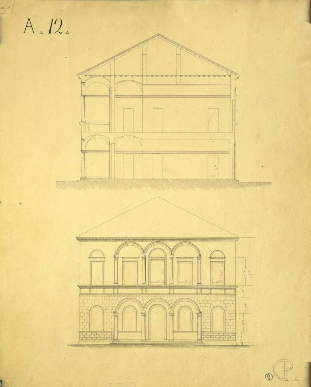 Sezione longitudinale parzialmente quotata, prospetto principale parzialmente quotato di "casino o villetta" (disegno architettonico) di Promis Carlo (secondo quarto sec. XIX)