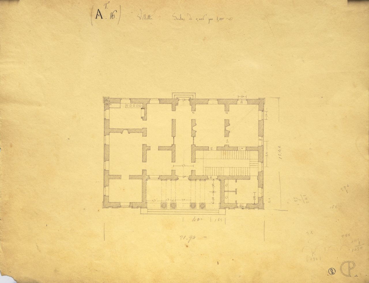 Villetta, Pianta quotata parzialmente del piano terreno di "villetta" (disegno architettonico) di Promis Carlo (secondo quarto sec. XIX)