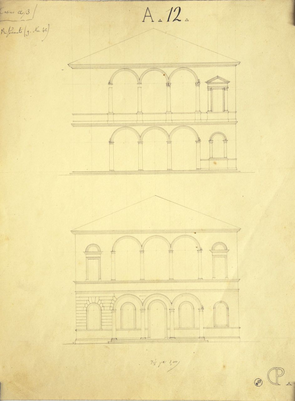 Due prospetti principali incompleti di "casino o villetta" (disegno architettonico) di Promis Carlo (secondo quarto sec. XIX)