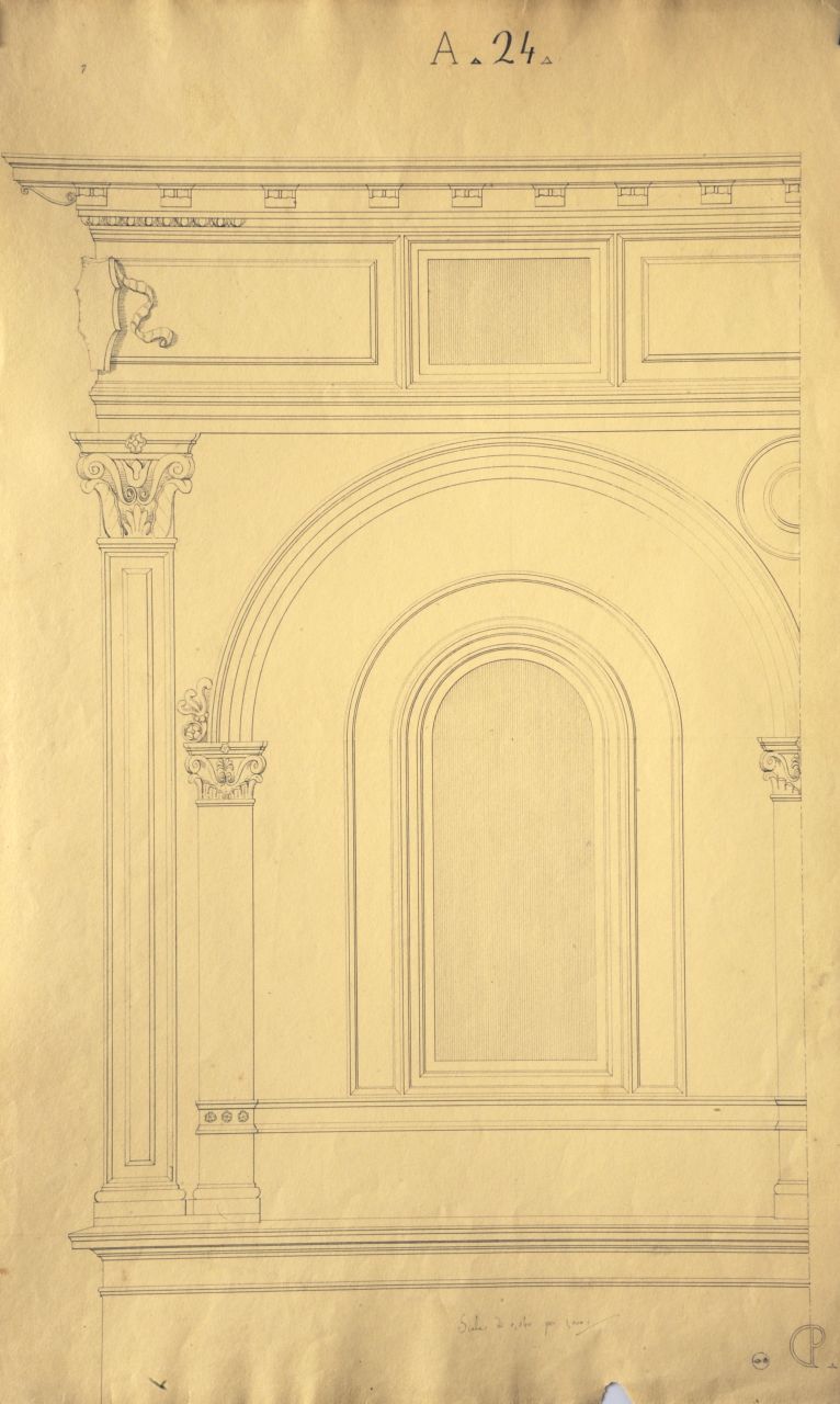 Collegio: prospetto incompleto di parte dell'ultimo piano di edificio (disegno architettonico) di Promis Carlo (secondo quarto sec. XIX)