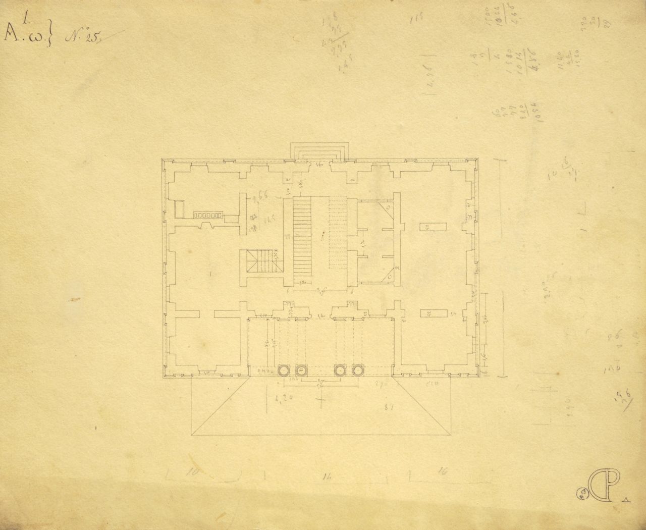 Pianta parzialmente quotata del piano terreno di villetta (disegno architettonico) di Promis Carlo (secondo quarto sec. XIX)