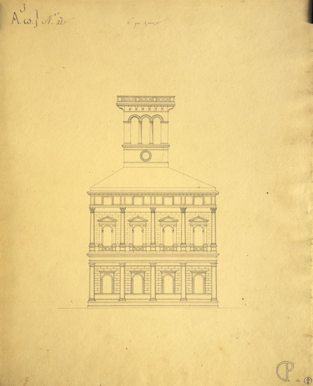 Prospetto laterale incompleto di villetta (disegno architettonico) di Promis Carlo (secondo quarto sec. XIX)