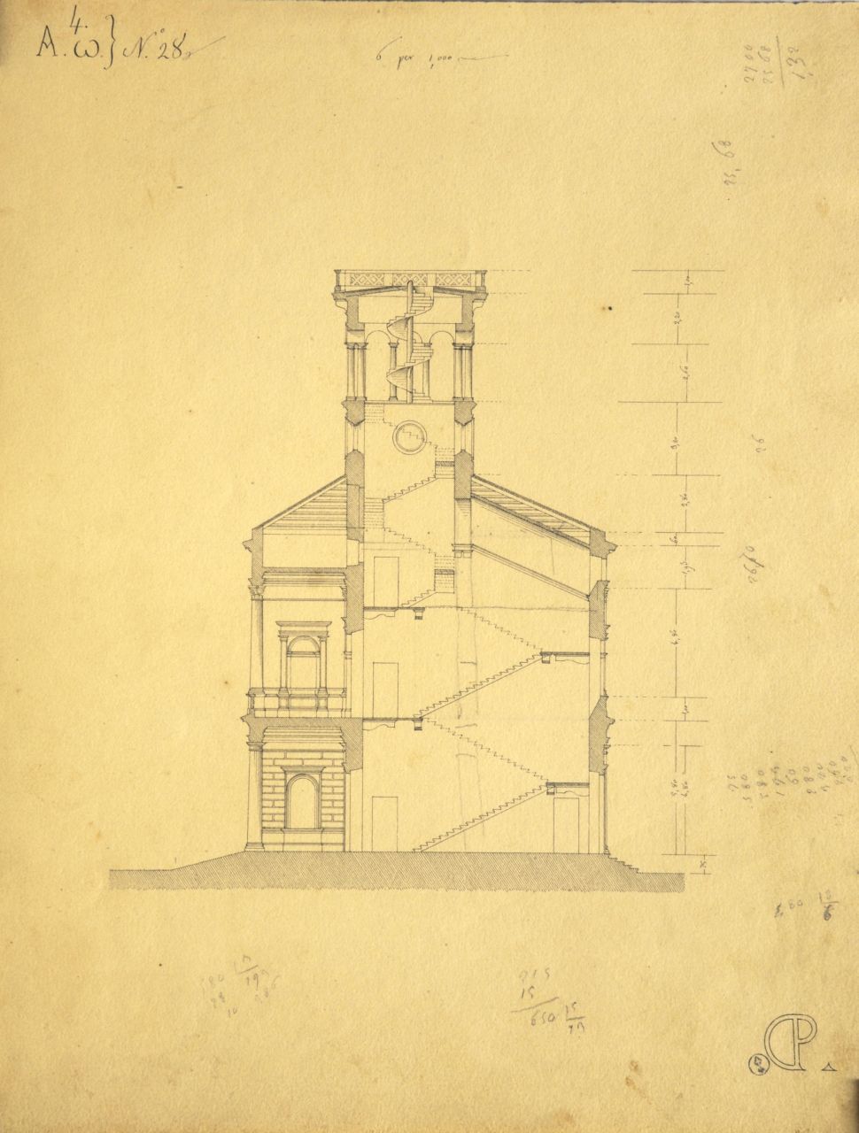 Sezione longitudinale parzialmente quotata di villetta (disegno architettonico) di Promis Carlo (secondo quarto sec. XIX)