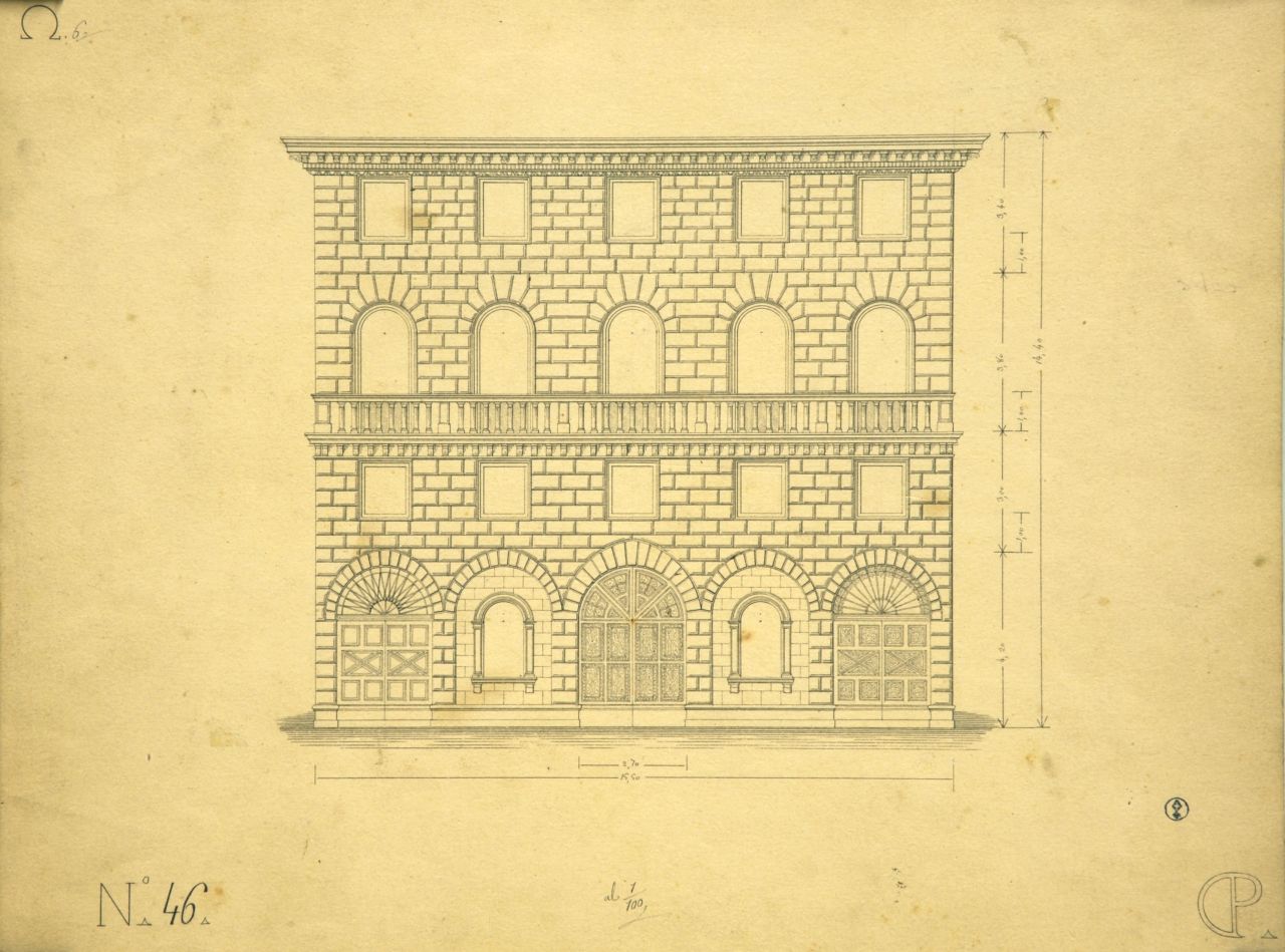 Prospetto principale parzialmente quotato incompleto di "casa privata" (disegno architettonico) di Promis Carlo (secondo quarto sec. XIX)