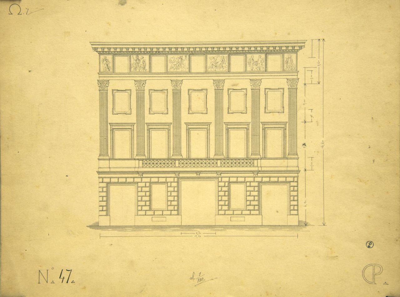 Prospetto principale parzialmente quotato di "casa privata" (disegno architettonico) di Promis Carlo (secondo quarto sec. XIX)