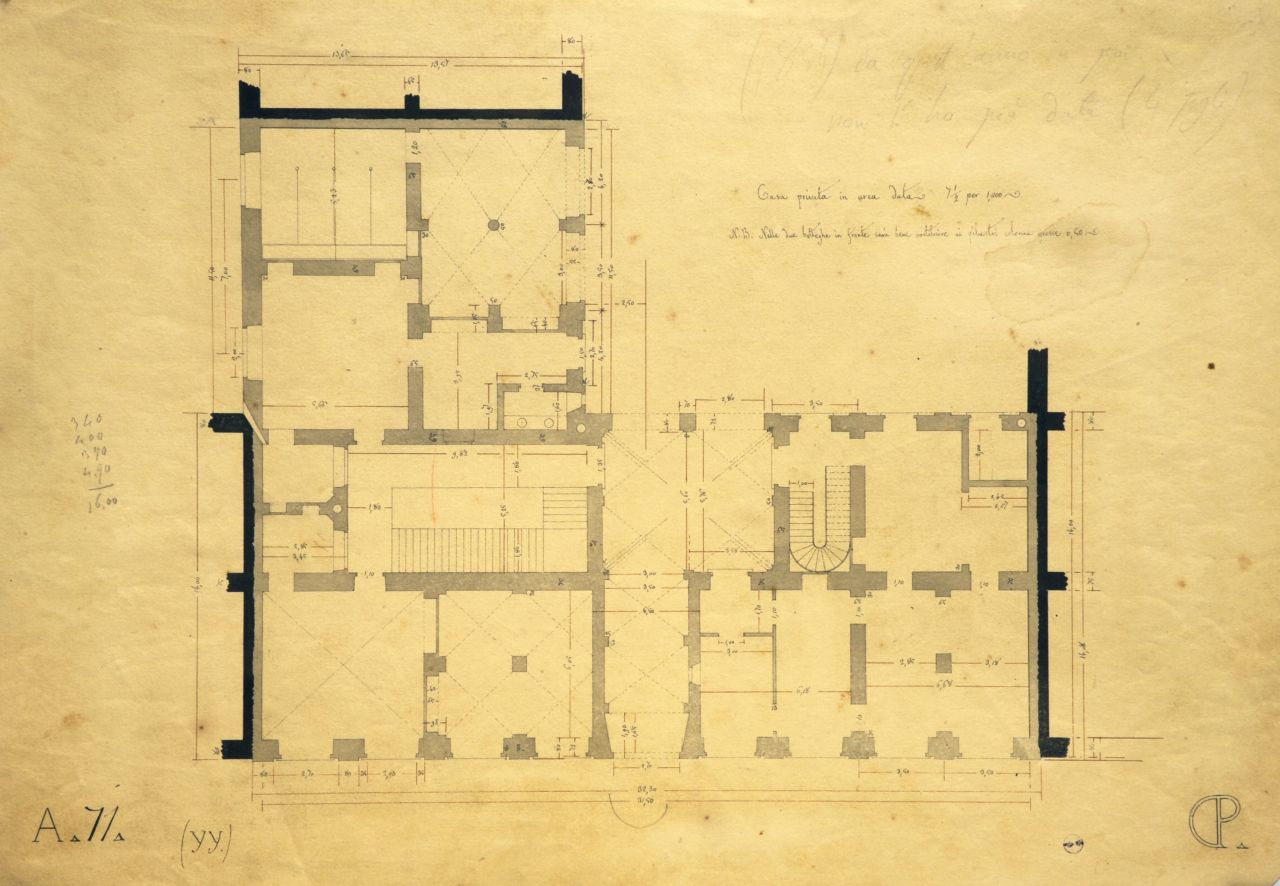 Casa privata in area data, Pianta quotata del piano terreno di "Casa privata" (disegno architettonico) di Promis Carlo (secondo quarto sec. XIX)