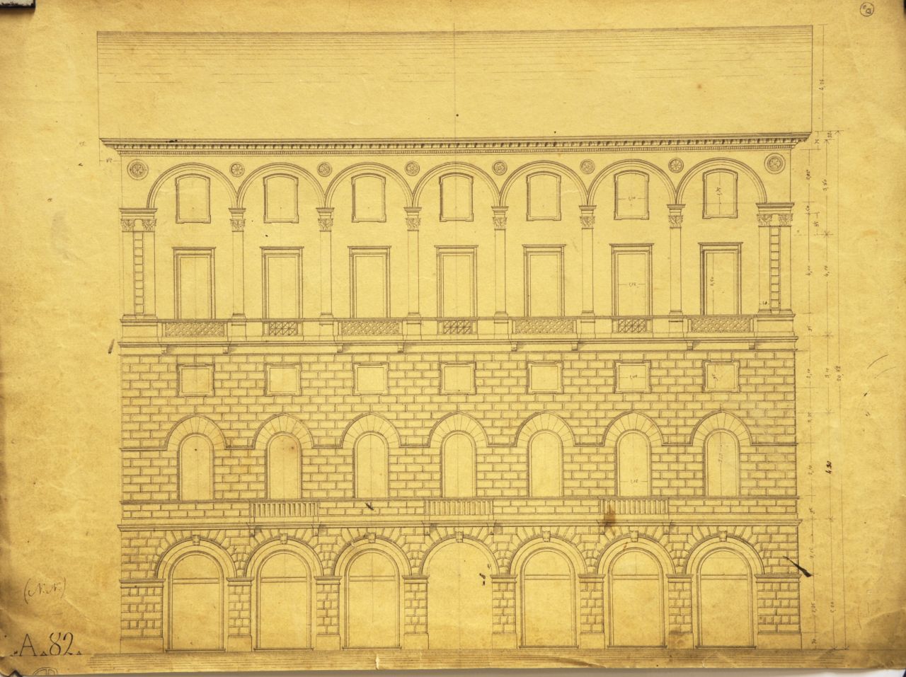 Prospetto principale parzialmente quotato di "Casa privata" (disegno architettonico) di Promis Carlo (secondo quarto sec. XIX)
