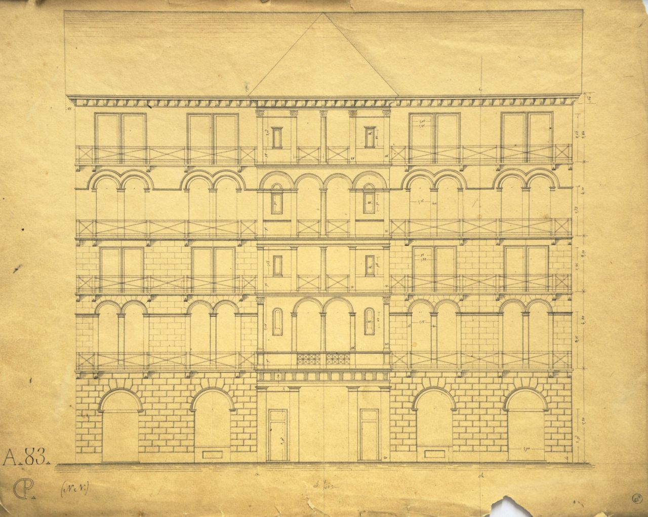 Prospetto interno parzialmente quotato di "Casa privata" (disegno architettonico) di Promis Carlo (secondo quarto sec. XIX)