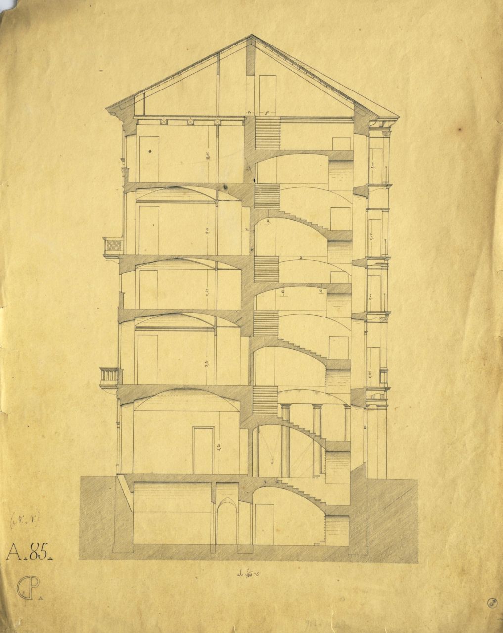 Sezione longitudinale parzialmente quotata di "Casa privata" (disegno architettonico) di Promis Carlo (secondo quarto sec. XIX)