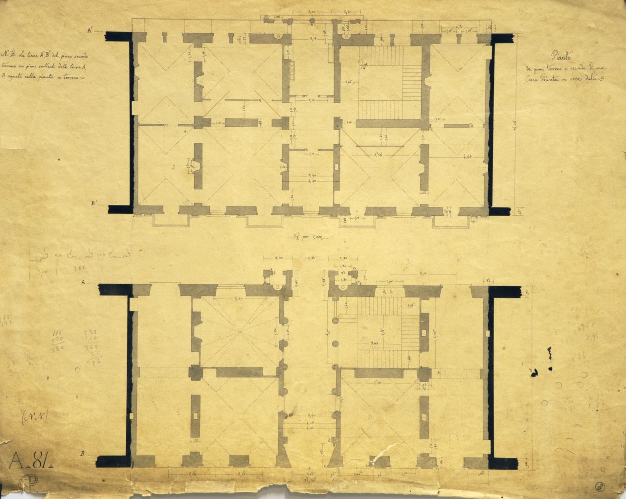 Piante dei piani terreno e secondo di una Casa Privata in area data, Pianta parzialmente quotata del piano terreno e del secondo piano; schizzo quotato di pianta di particolare degli sporti di facciata di "Casa privata" (disegno architettonico) di Promis Carlo (secondo quarto sec. XIX)