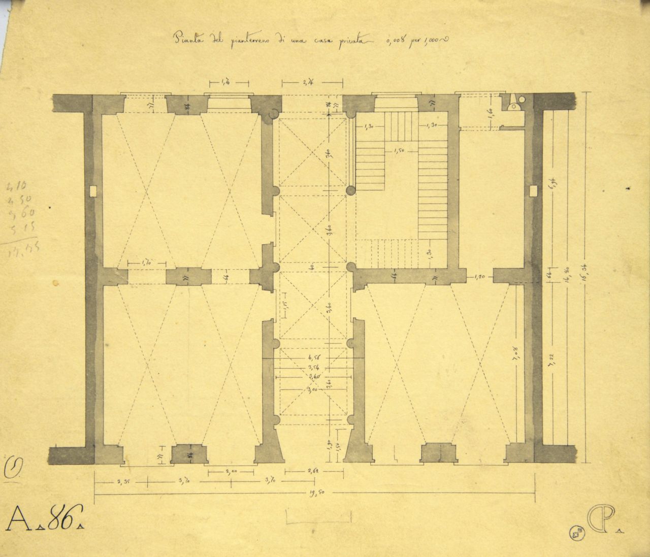 Pianta del pianterreno di una casa privata, Pianta quotata del piano terreno di "Casa privata" (disegno architettonico) di Promis Carlo (secondo quarto sec. XIX)