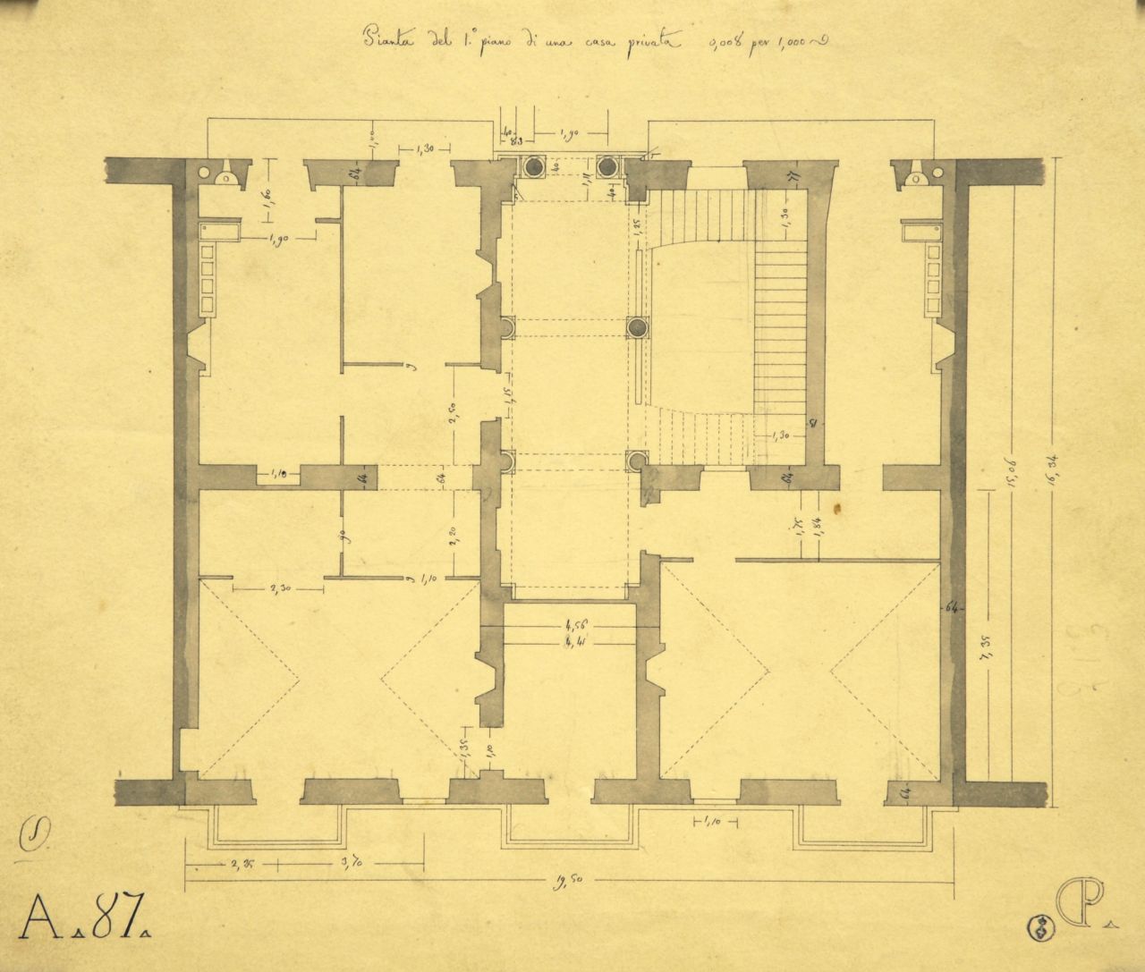Pianta del 1° piano di una casa privata, Pianta quotata del primo piano di "Casa privata" (disegno architettonico) di Promis Carlo (secondo quarto sec. XIX)