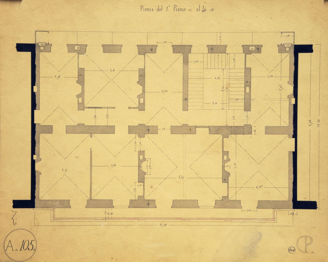 Pianta del 1° Piano, Pianta quotata del primo piano di un edificio a quattro piani (disegno architettonico) di Promis Carlo (secondo quarto sec. XIX)