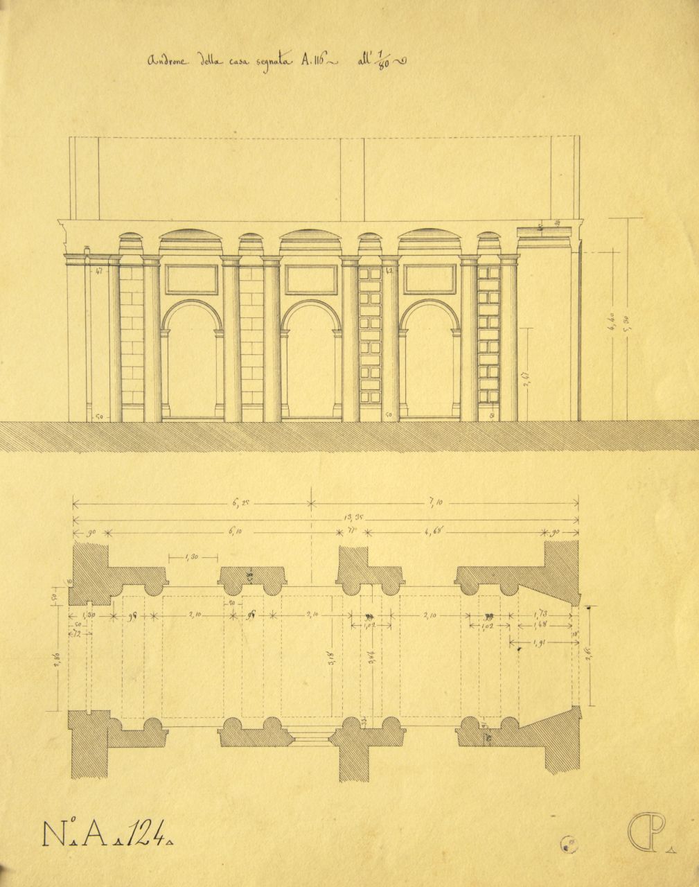 Androne della casa segnata A.116, Sezione longitudinale parzialmente quotata e pianta quotata dell'androne di "casa da pigione" (disegno architettonico) di Promis Carlo (secondo quarto sec. XIX)