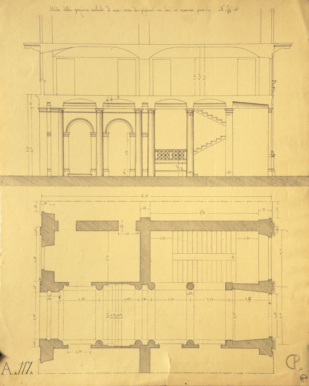 Studio della porzione centrale di una casa da pigione con luci in numero pari, Sezione l ongitudinale parzialmente quotata dell'androne di "casa da pigione" ; pianta quotata di parte di piano terreno di "casa da pigione" (disegno architettonico) di Promis Carlo (secondo quarto sec. XIX)