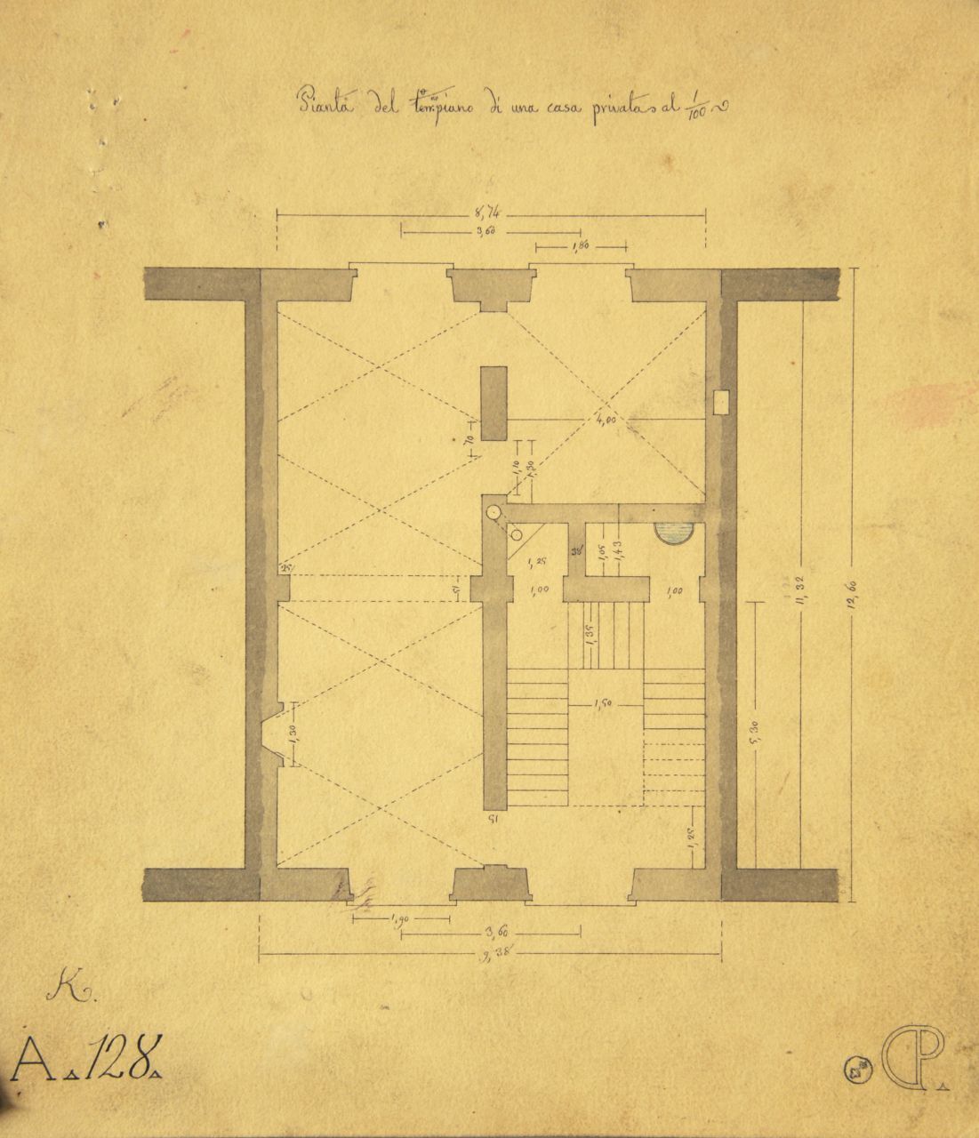 Pianta del terreno piano di una casa privata, Pianta quotata del piano terreno di "casa privata" (disegno architettonico) di Promis Carlo (secondo quarto sec. XIX)
