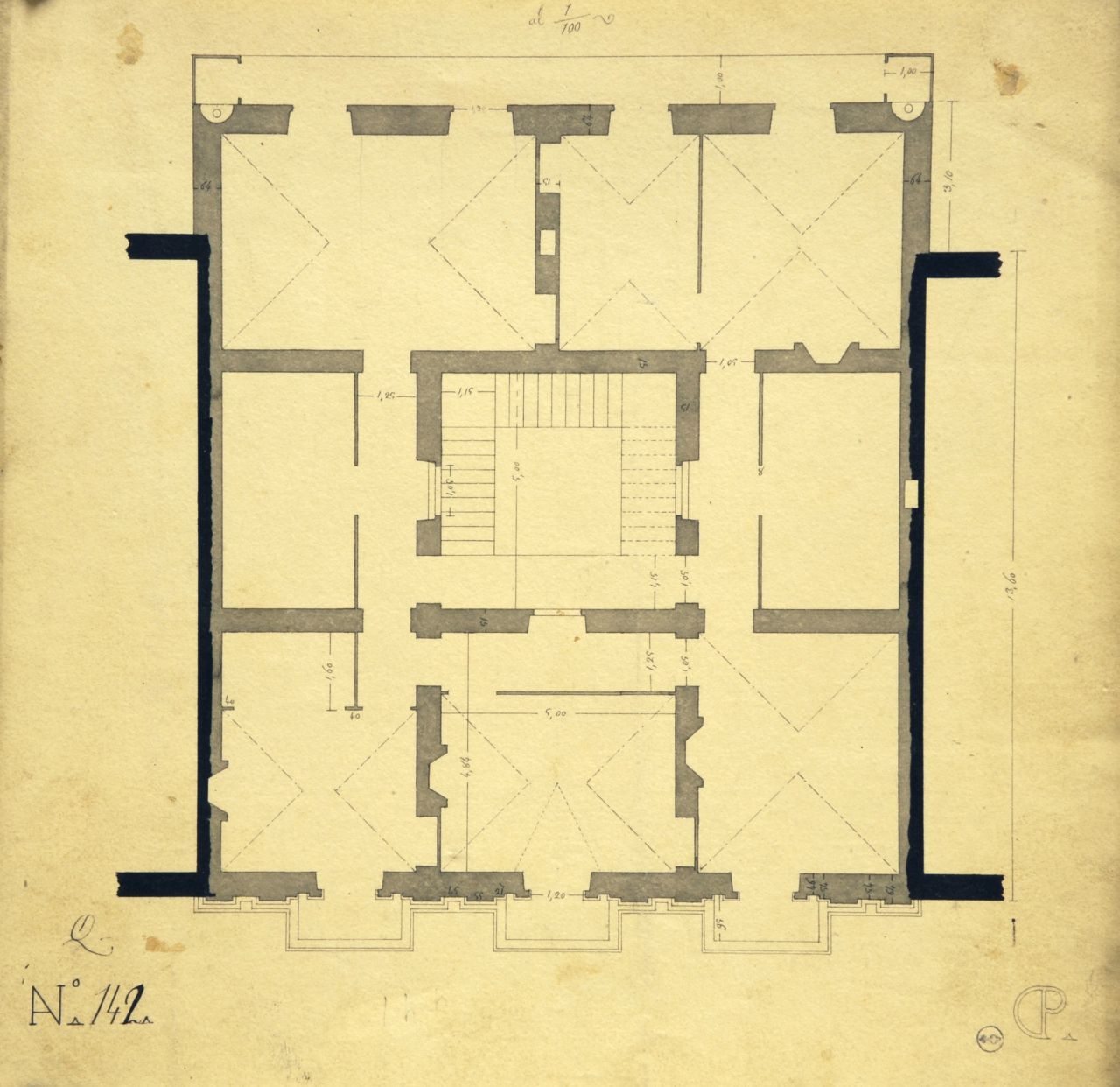 Pianta parzialmente quotata del primo piano di "casa privata" (disegno architettonico) di Promis Carlo (secondo quarto sec. XIX)