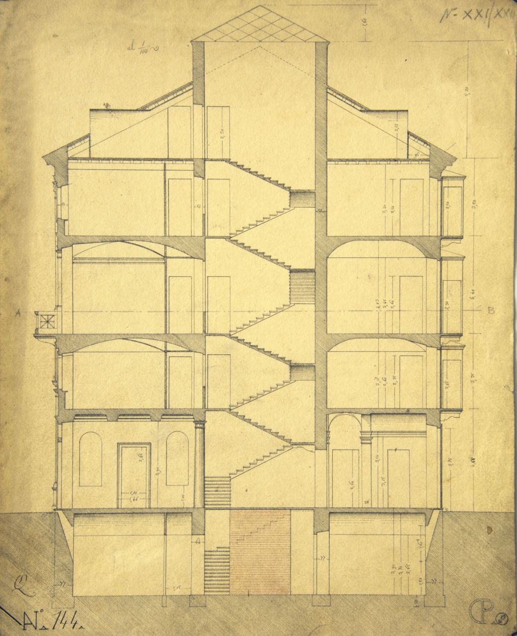 Sezione longitudinale parzialmente quotata di "casa privata" (disegno architettonico) di Promis Carlo (secondo quarto sec. XIX)